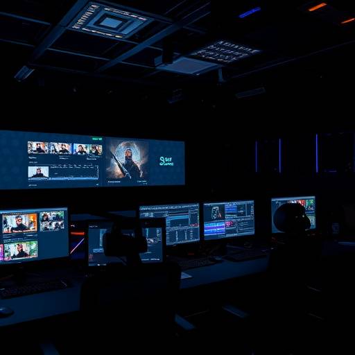 Imagen de la sala de edición de video de Estudio Visual Épica con computadoras y monitores