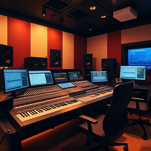 Imagen de una consola de sonido profesional durante la postproducción de audio.